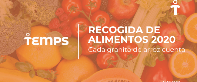 Promotional banner for Temps' 2020 food drive, 'Recogida de Alimentos 2020', with fresh produce and the slogan 'Cada granito de arroz cuenta'.