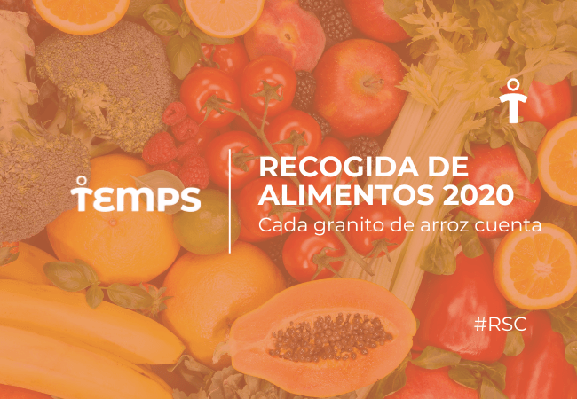 Promotional banner for Temps' 2020 food drive, 'Recogida de Alimentos 2020', with fresh produce and the slogan 'Cada granito de arroz cuenta'.