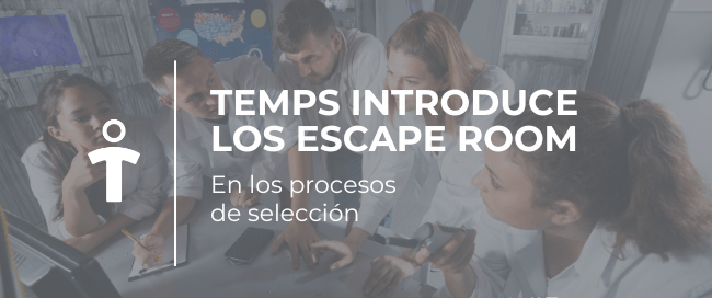 Group of professionals collaborating on puzzles in a high-tech room, promoting escape-room recruitment for selection processes
