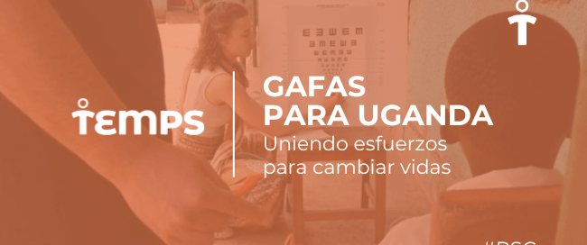 Banner for 'GAFAS PARA UGANDA' showing a volunteer helping a child, with the slogan 'Uniendo esfuerzos para cambiar vidas' and the hashtag #RSC.