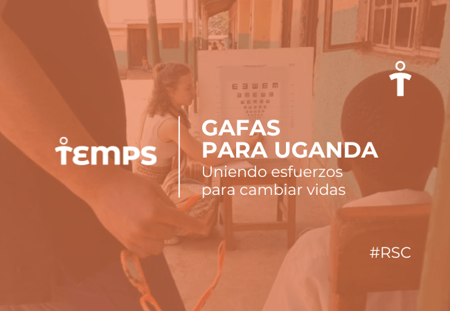 Banner for 'GAFAS PARA UGANDA' showing a volunteer helping a child, with the slogan 'Uniendo esfuerzos para cambiar vidas' and the hashtag #RSC.