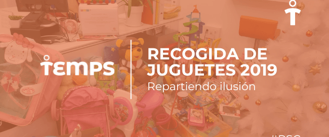 Promotional banner for a 2019 toy collection drive, background shows a toy-filled playroom and scattered boxes.