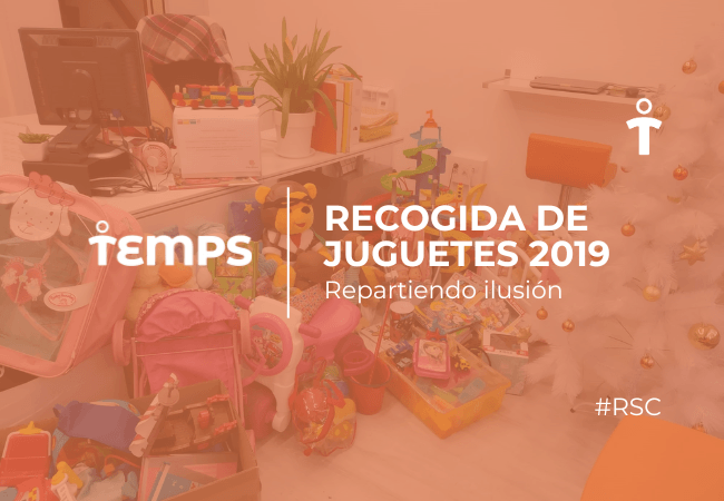 Promotional banner for a 2019 toy collection drive, background shows a toy-filled playroom and scattered boxes.