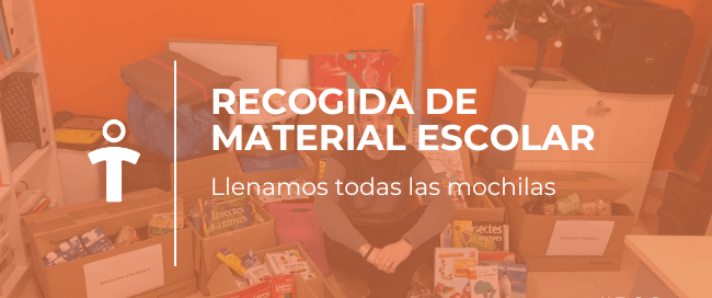 Person kneeling among boxes of school supplies for a school-drive; large orange banner reads 'Recogida de material escolar' and 'Llenamos todas las mochilas' (hashtag #RSC).