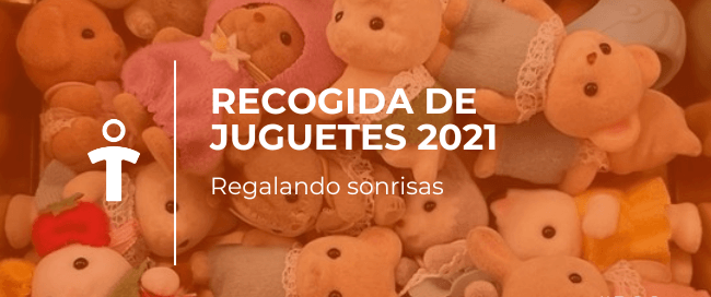 Poster for Recogida de juguetes 2021, a toy drive to spread smiles; background of plush stuffed animals; hashtag #RSC.