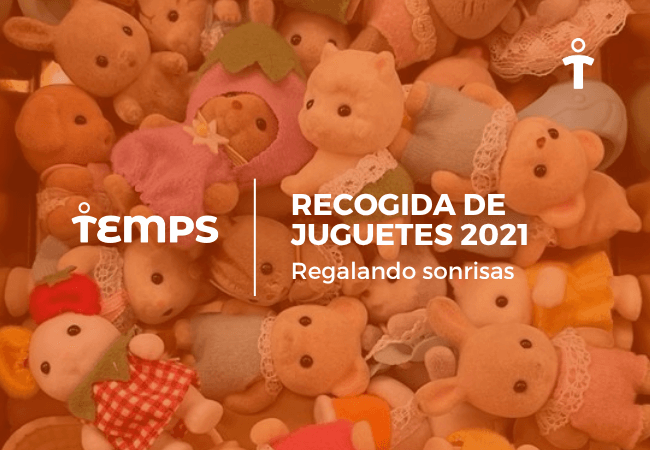Pile of plush toys with an orange overlay; banner reads 'Recogida de Juguetes 2021 – Regalando sonrisas' and includes the Temps logo.