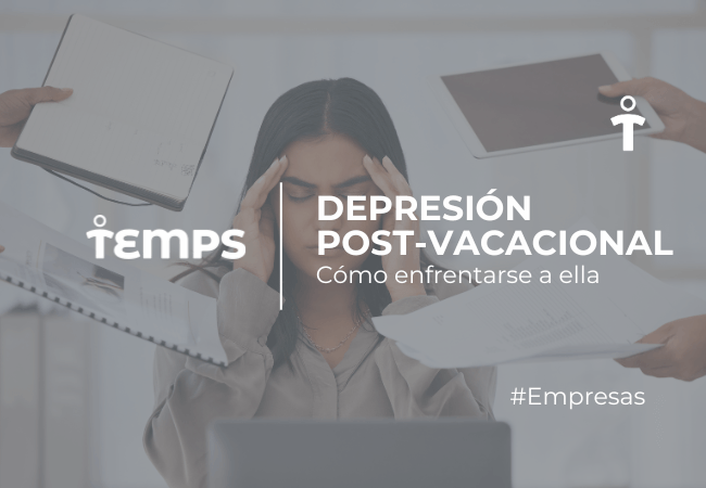 Banner for an article on post‑vacation depression; a stressed woman at a desk with a laptop while papers are handed to her.