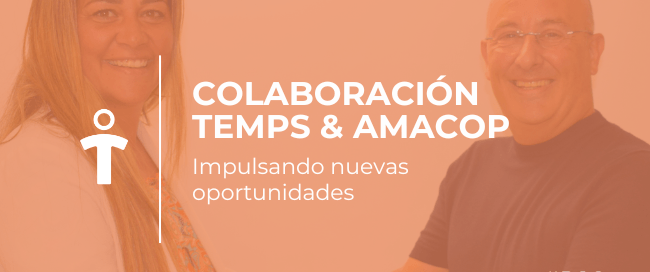 Two people smiling and shaking hands, symbolizing collaboration, with a Spanish banner about collaboration between Temps & AMACOP and new opportunities (#RSC).