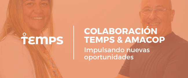 Handshake between a smiling man and woman against an orange gradient, symbolizing the Temps & Amacop collaboration with the slogan 'Impulsando nuevas oportunidades'.