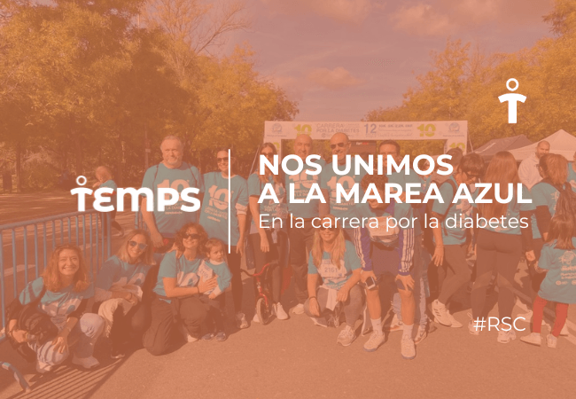 Group of participants posing at a diabetes awareness charity run, temps branding visible and a finish-line banner in the background.