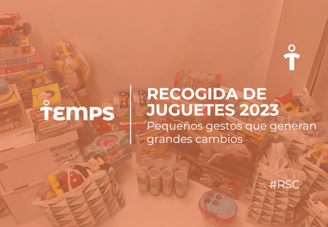 Banner for Recogida de Juguetes 2023 by Temps, showing piles of toys and the slogan 'Pequeños gestos que generan grandes cambios'.