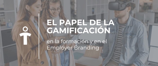 Banner promoting gamification in training and employer branding; group of four coworkers in an office, one wearing a VR headset, start of article.