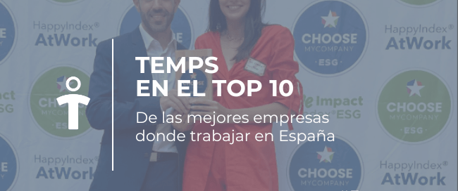 Dos profesionales frente a un backdrop con logotipos, con el texto promocional 'TOP 10' sobre las mejores empresas para trabajar en España