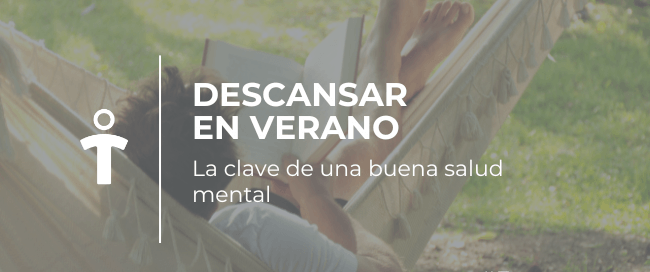 Person relaxing in a hammock outdoors; overlay text promotes resting in summer for mental health.