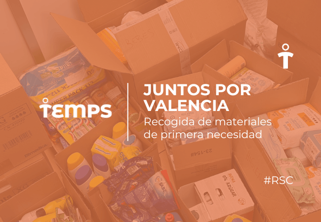 Orange-tinted photo of donation boxes and supplies with the text 'JUNTOS POR VALENCIA' and 'Recogida de materiales de primera necesidad' alongside the Temps logo and '#RSC' (collection of essential materials).