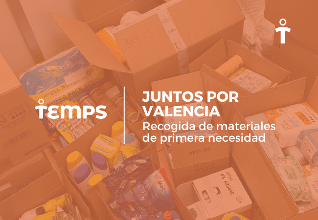 Donation boxes and supplies for Juntos por Valencia, a collection drive for essential items (ropa, alimentos, higiene).