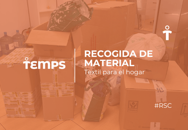 RSC Escena de recogida de textiles para el hogar: cajas y sacos apilados en una habitación, con el logotipo de Temps y el texto Recogida de Materia Textil para el hogar.