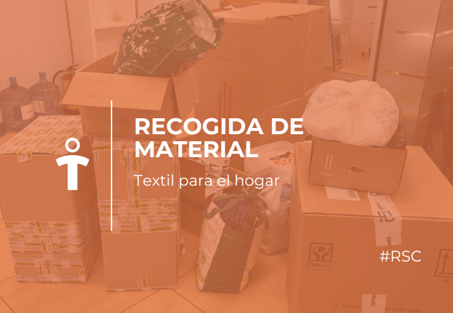 Collection point for home textiles with stacked boxes and bags; overlay reads 'Recogida de Material Textil para el hogar'.