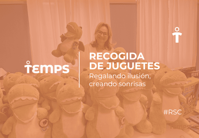 RSC Volunteer surrounded by plush toys at a toy drive; overlay text reads 'Recogida de juguetes' and 'Regalando ilusión, creando sonrisas' (Tempos logo visible).