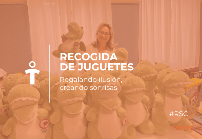 RSC Volunteer at a toy drive standing behind a display of plush dinosaur toys, orange event overlay with the banner text 'Recogida de Juguetes'.