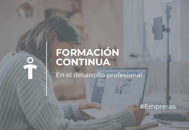 EMPRESAS Person studying on a laptop for ongoing professional development; overlay reads 'Formación Continua' (Continuing Education) in a home/office setting.