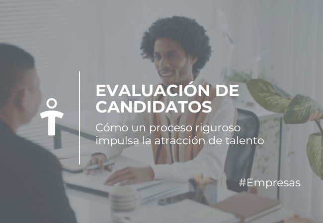 EMPRESAS Banner de reclutamiento: entrevista de trabajo entre un entrevistador y un candidato en una oficina, con el título 'Evaluación de Candidatos'