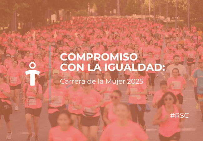 RSC Poster for Carrera de la Mujer 2025 with thousands of runners in pink and the message 'Compromiso con la Igualdad'.