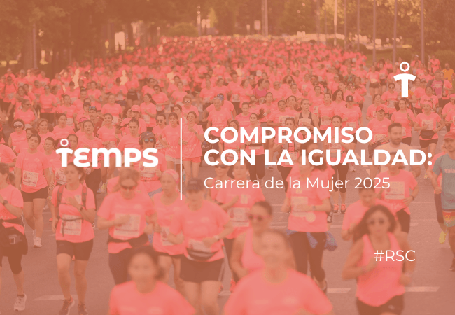 RSC Large crowd of runners in pink for the Carrera de la Mujer 2025, with overlay text about commitment to equality.
