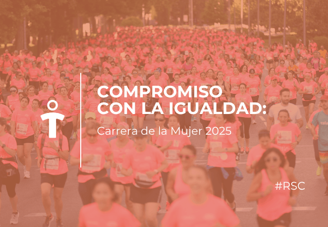 RSC Thousands of runners in pink shirts participate in the Carrera de la Mujer 2025, with a pink overlay showing 'Compromiso con la Igualdad' and the hashtag #RSC.