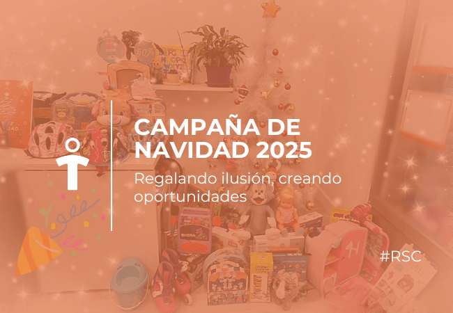 RSC Banner de la campaña de Navidad 2025: regalando ilusión y creando oportunidades, con juguetes de fondo.