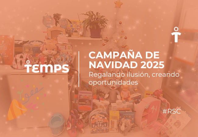 RSC Banner for Navidad 2025 campaign by Temps, showing a room full of toys and gifts with the slogan 'Regalando ilusión, creando oportunidades'.