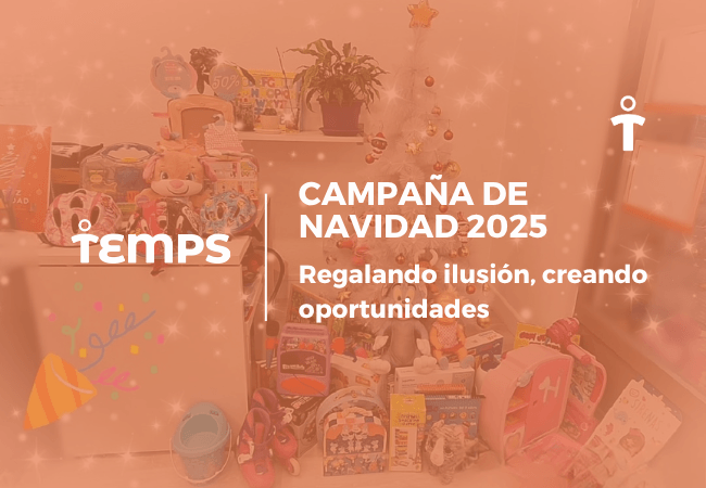 Banner for Navidad 2025 campaign by Temps, showing a room full of donated toys and gifts with an orange overlay and the Temps logo.