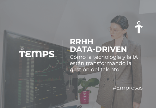 EMPRESAS Professional woman in a blazer stands beside a large monitor displaying charts; overlay text promotes 'RRHH DATA-DRIVEN' about how technology transforms talent management.