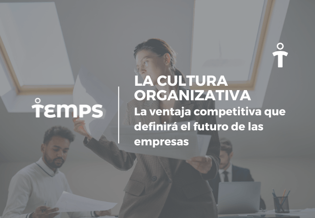 Hero banner about organizational culture: team in a meeting; Spanish title and subtitle, Temps logo on the left.