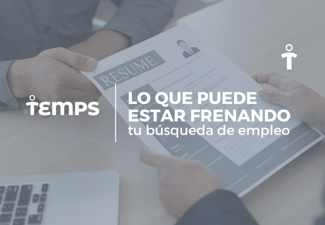 Hero banner: two people review a resume on a desk, with the headline about what's hindering your job search and the Temps logo.