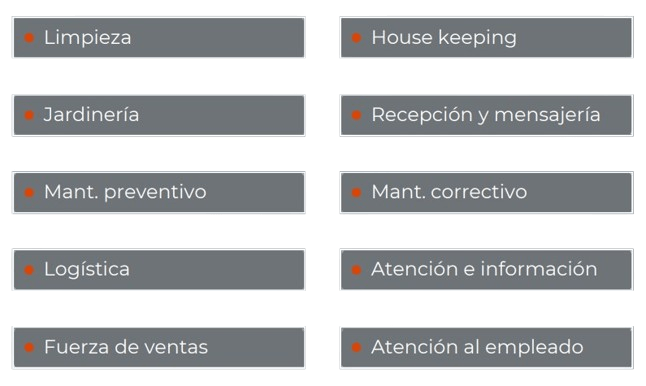 outsourcing-removebg-preview Grid of 10 service-area tiles (Spanish/English): Limpieza, House keeping, Jardinería, Recepción y mensajería, Mant. preventivo, Mant. correctivo, Logística, Atención e información, Fuerza de ventas, Atención al empleado