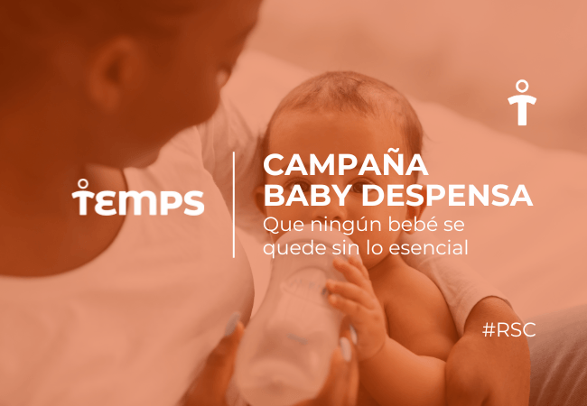 RSC Mother bottle-feeding a baby in a warm orange-toned banner advertising 'Campaña Baby Despensa' with the Temps logo and the hashtag #RSC.