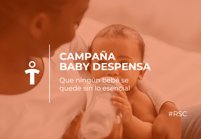 RSC Campaign banner showing a caregiver bottle-feeding a baby; text reads 'Campaña Baby Despensa' and '#RSC'.