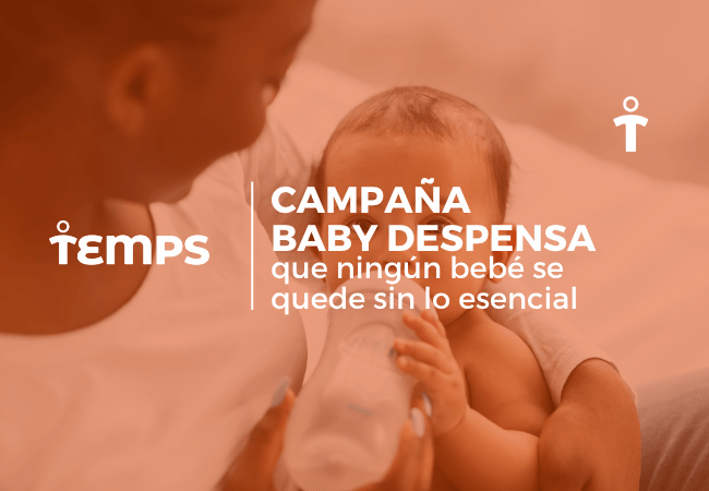 Campaña Baby Despensa: una persona alimenta a un bebé con biberón, con el texto de la campaña en primer plano y el logotipo a la izquierda.