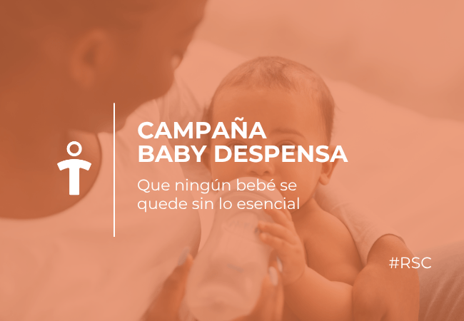 RSC Parent bottle-feeding a baby on an orange overlay, promoting the Campaña Baby Despensa to ensure babies get essentials.