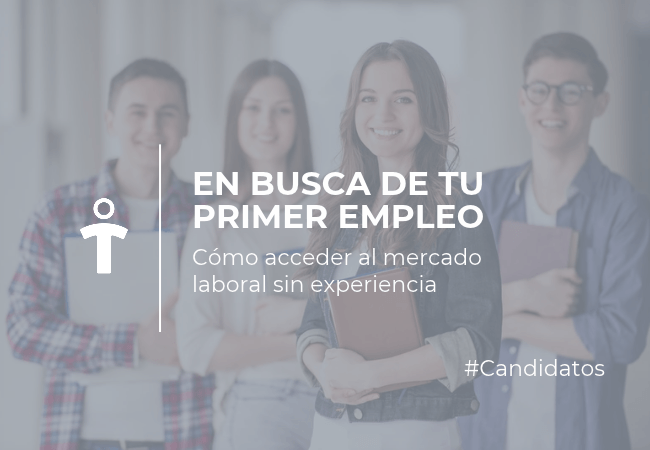 CANDIDATOS Group of smiling young adults as a banner for first-job seeking, with text 'En busca de tu primer empleo' and '#Candidatos'